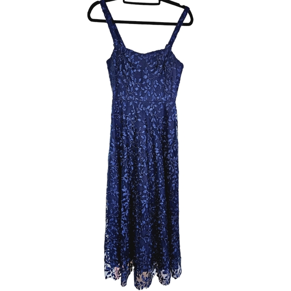 NWT Sau Lee Ambrose Floral Embroidered Bustier Midi Navy Blue Cocktail Dress 2 - Picture 5 of 16